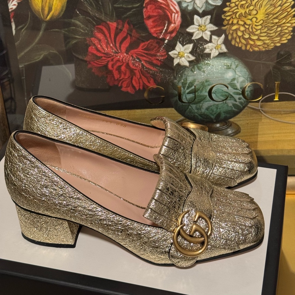 GUCCI Galassia Platino Crackle Heels Marmont Loafers Gold🛍